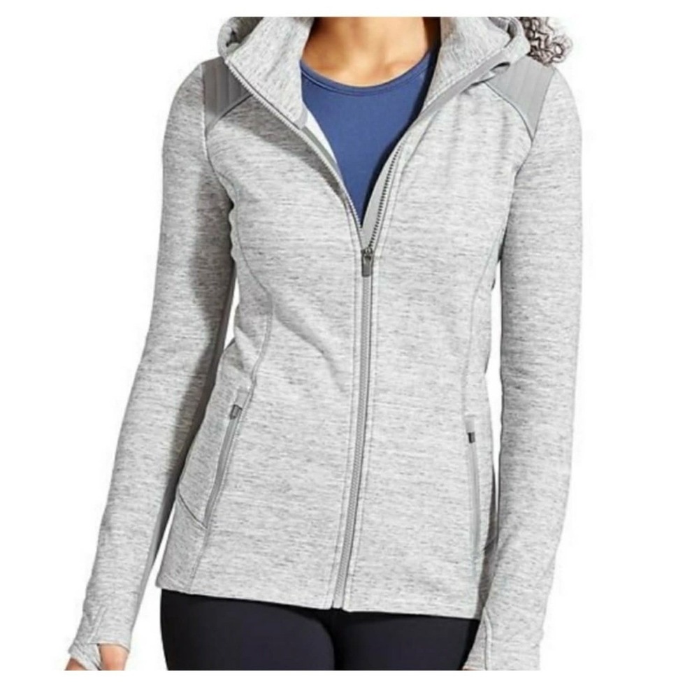 Athleta Stronger Jacket Women's Small Gray Hooded Full Zip Fleece Travel Run